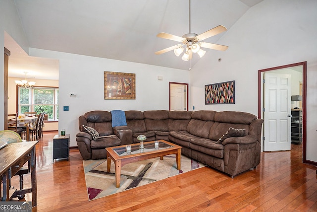 259 Hanover Cir SE, Calhoun, GA 30701 - living room with a chandelier, hardwood / wood-style flooring, a ceiling fan, and lofted ceiling