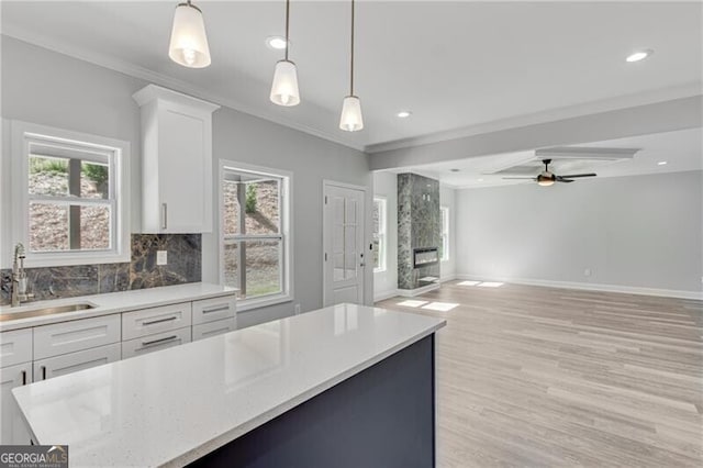 1226 Bloomsbury Ln, Gainesville, GA 30501 - kitchen featuring plenty of natural light, decorative backsplash, white cabinetry, ornamental molding, and light wood-type flooring