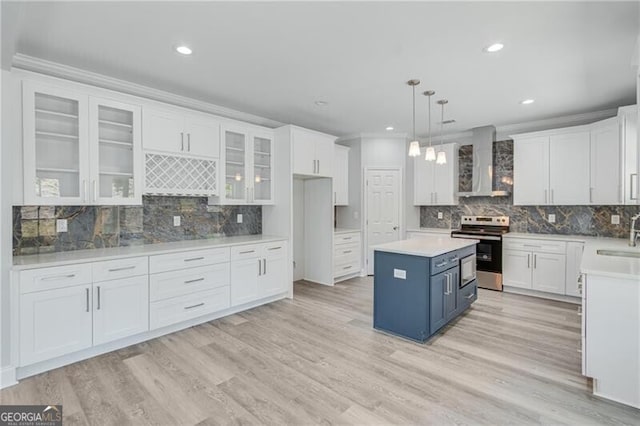 1226 Bloomsbury Ln, Gainesville, GA 30501 - kitchen featuring stainless steel electric range, wall chimney range hood, white cabinets, recessed lighting, and crown molding