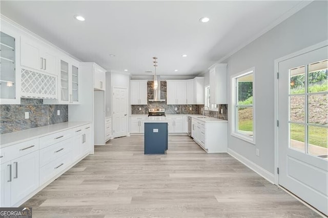 1226 Bloomsbury Ln, Gainesville, GA 30501 - kitchen featuring wall chimney range hood, stainless steel electric stove, decorative backsplash, glass insert cabinets, and recessed lighting