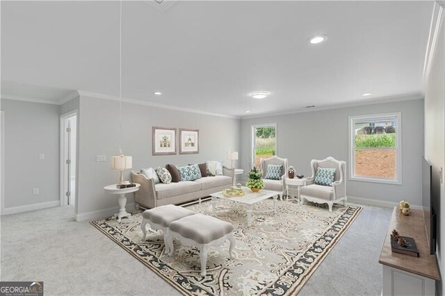 1226 Bloomsbury Ln, Gainesville, GA 30501 - carpeted living room featuring crown molding and recessed lighting