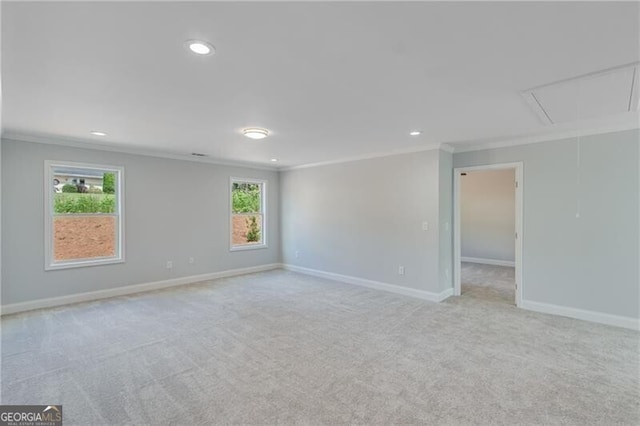 1226 Bloomsbury Ln, Gainesville, GA 30501 - spare room with attic access, ornamental molding, recessed lighting, and light colored carpet