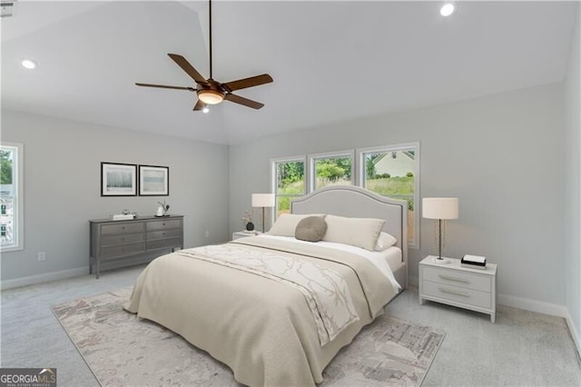 1226 Bloomsbury Ln, Gainesville, GA 30501 - bedroom with light carpet, vaulted ceiling, recessed lighting, and ceiling fan