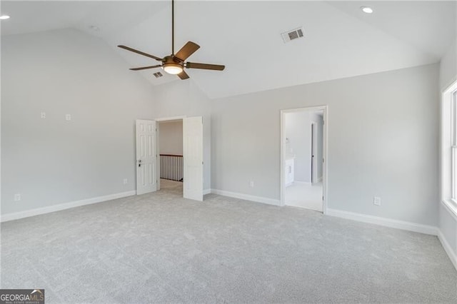1226 Bloomsbury Ln, Gainesville, GA 30501 - unfurnished bedroom featuring light colored carpet, high vaulted ceiling, recessed lighting, a spacious closet, and a ceiling fan