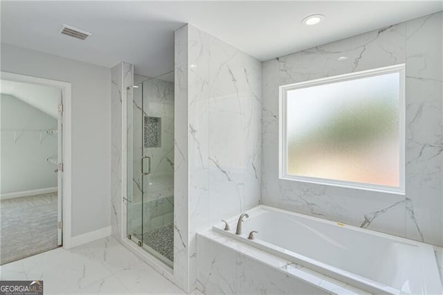 1226 Bloomsbury Ln, Gainesville, GA 30501 - full bathroom featuring healthy amount of natural light, a garden tub, a marble finish shower, and marble finish floors