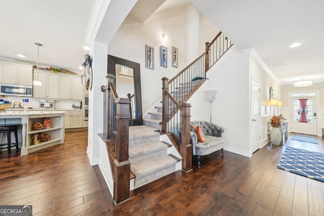 925 Hargrove Point Way, Alpharetta, GA 30004 - staircase featuring wood-type flooring, ornamental molding, and recessed lighting