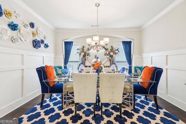 925 Hargrove Point Way, Alpharetta, GA 30004 - dining space with a chandelier, plenty of natural light, a decorative wall, ornamental molding, and wainscoting