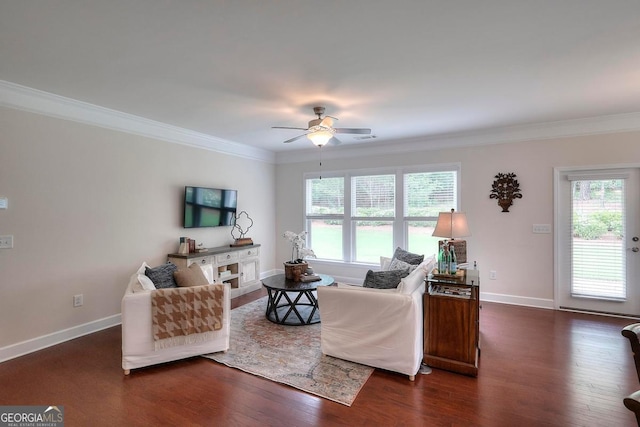 1391 Crooked Creek Rd, Greensboro, GA 30642 - living area featuring dark wood-type flooring, ceiling fan, ornamental molding, and baseboards