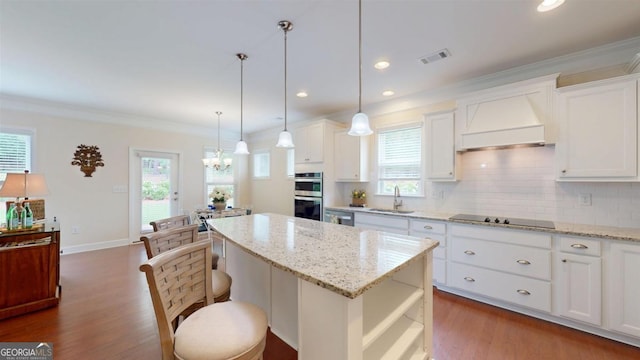 1391 Crooked Creek Rd, Greensboro, GA 30642 - kitchen with stainless steel appliances, dark wood-style floors, premium range hood, ornamental molding, and white cabinets