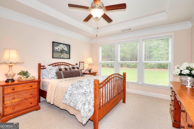 1391 Crooked Creek Rd, Greensboro, GA 30642 - bedroom featuring light carpet, a raised ceiling, ornamental molding, baseboards, and ceiling fan