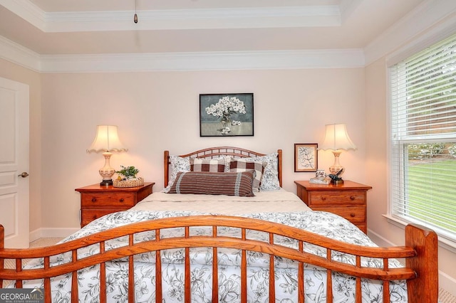 1391 Crooked Creek Rd, Greensboro, GA 30642 - bedroom featuring multiple windows, baseboards, a tray ceiling, and ornamental molding
