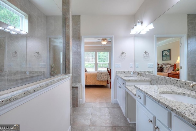 1391 Crooked Creek Rd, Greensboro, GA 30642 - ensuite bathroom with two vanities, tile patterned floors, a ceiling fan, and a tile shower