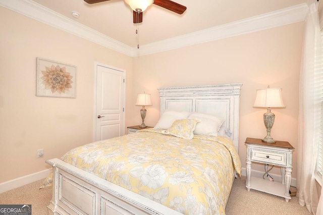 1391 Crooked Creek Rd, Greensboro, GA 30642 - bedroom featuring light carpet, ornamental molding, baseboards, and ceiling fan