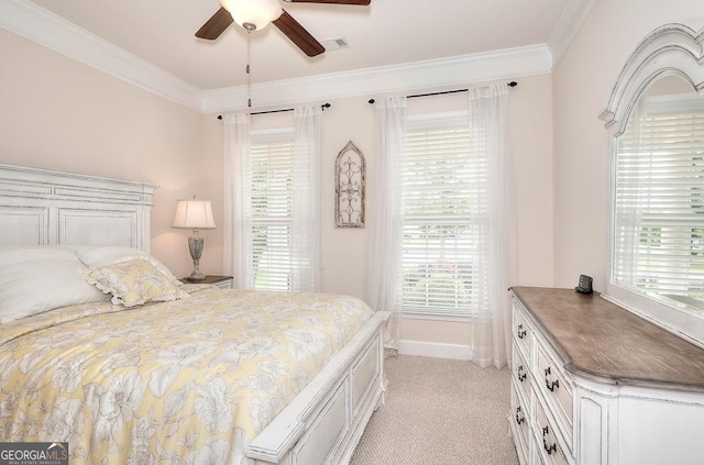1391 Crooked Creek Rd, Greensboro, GA 30642 - bedroom featuring crown molding, light colored carpet, baseboards, and ceiling fan