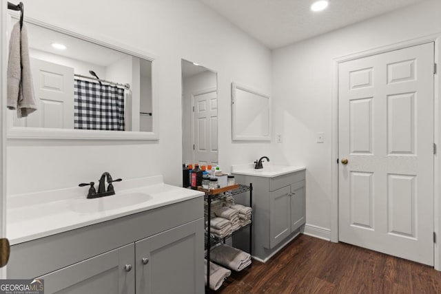 825 Red Hawk Dr, Waynesville, GA 31566 - full bath featuring vanity, wood finished floors, recessed lighting, and curtained shower