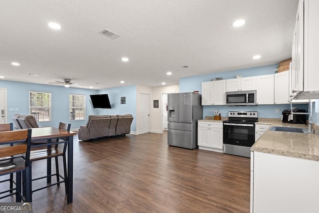 825 Red Hawk Dr, Waynesville, GA 31566 - kitchen featuring stainless steel appliances, open floor plan, dark wood-style floors, white cabinets, and recessed lighting