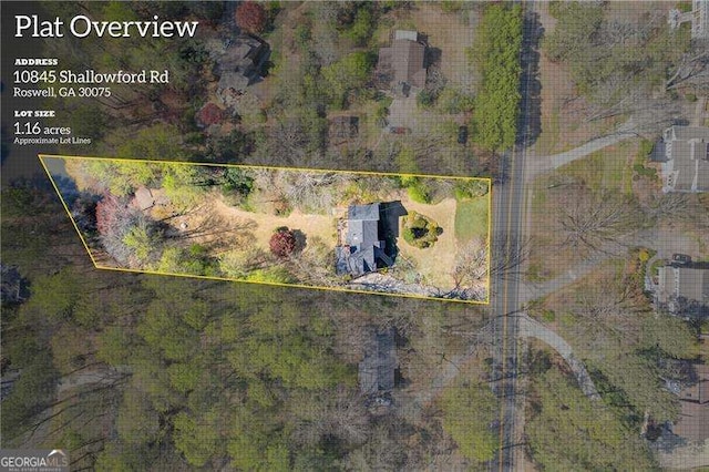 10845 Shallowford Rd, Roswell, GA 30075 - aerial view of property's location with property boundaries highlighted