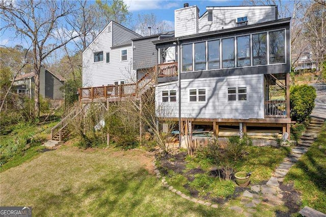 10845 Shallowford Rd, Roswell, GA 30075 - rear view of house featuring stairs, a sunroom, a chimney, and a deck