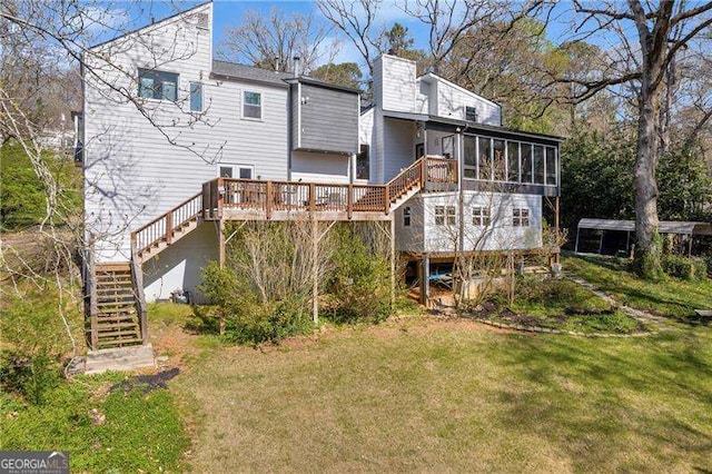 10845 Shallowford Rd, Roswell, GA 30075 - rear view of property with stairs, a sunroom, a lawn, a chimney, and a wooden deck