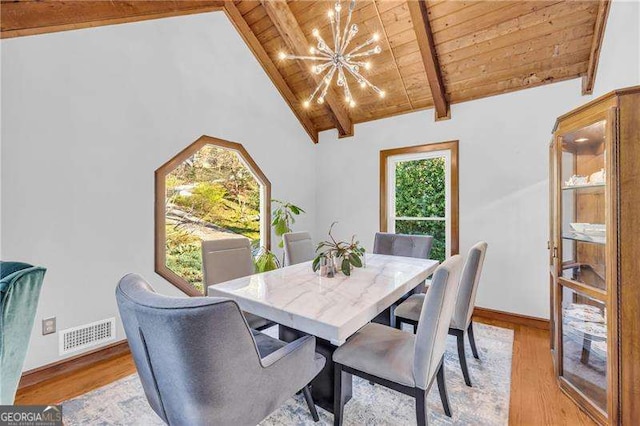 10845 Shallowford Rd, Roswell, GA 30075 - dining room featuring a wooden ceiling with exposed beams, a chandelier, light wood-type flooring, and high vaulted ceiling
