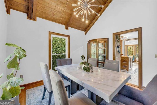 10845 Shallowford Rd, Roswell, GA 30075 - dining room with a wood ceiling with exposed beams, a chandelier, plenty of natural light, high vaulted ceiling, and wood finished floors