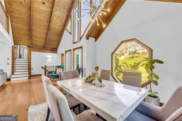 10845 Shallowford Rd, Roswell, GA 30075 - dining room with high vaulted ceiling, stairway, a wood ceiling with exposed beams, a chandelier, and wood finished floors