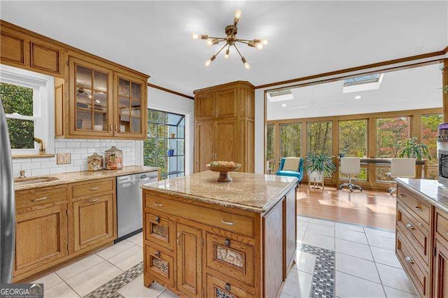 10845 Shallowford Rd, Roswell, GA 30075 - kitchen with dishwasher, brown cabinetry, light tile patterned floors, backsplash, and light stone counters