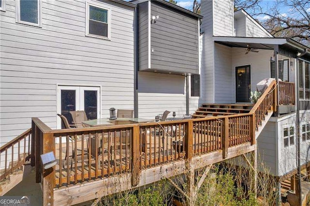 10845 Shallowford Rd, Roswell, GA 30075 - back of house with a wooden deck, a chimney, ceiling fan, and stairs