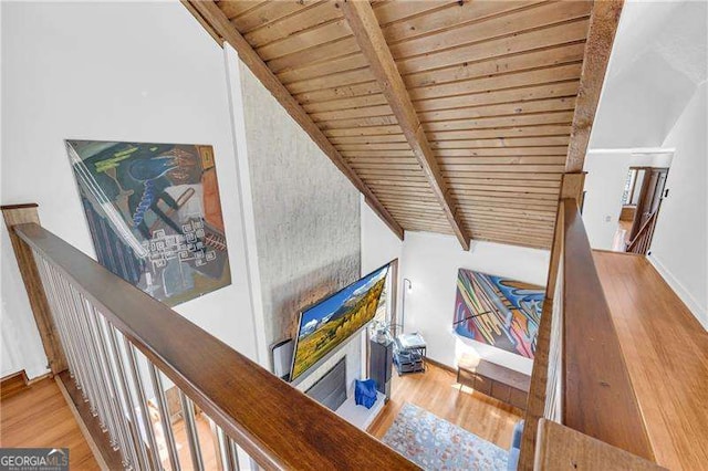 10845 Shallowford Rd, Roswell, GA 30075 - hall with wood ceiling, an upstairs landing, and wood finished floors