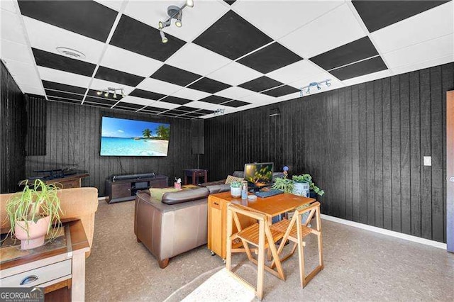10845 Shallowford Rd, Roswell, GA 30075 - home theater room featuring a drop ceiling and wood walls