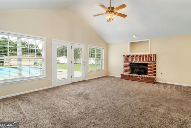101 Coldbrook Cir, Rincon, GA 31326 - unfurnished living room with healthy amount of natural light, carpet flooring, a ceiling fan, and high vaulted ceiling