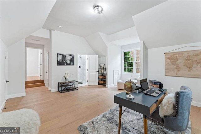 5705 Registry Oaks Ln SE, Mableton, GA 30126 - office with light wood-type flooring, vaulted ceiling, and baseboards
