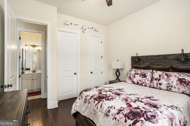 6861 Louis Dr, Locust Grove, GA 30248 - bedroom featuring dark wood-style floors, baseboards, and ceiling fan