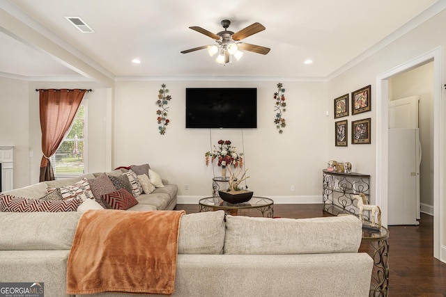 6861 Louis Dr, Locust Grove, GA 30248 - living area with a ceiling fan, dark wood-style floors, recessed lighting, baseboards, and crown molding
