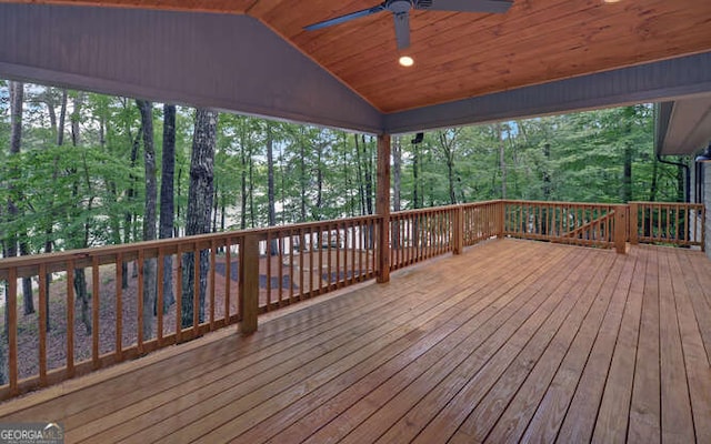 340 Currahee Trl, Toccoa, GA 30577 - wooden deck with a ceiling fan and view of wooded area