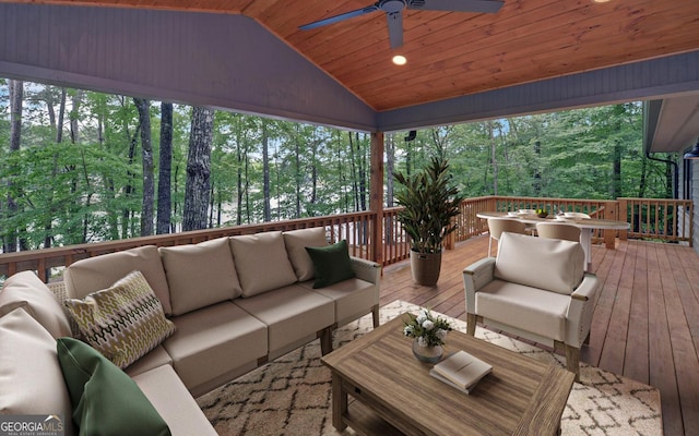 340 Currahee Trl, Toccoa, GA 30577 - wooden terrace featuring an outdoor hangout area, ceiling fan, and outdoor dining area