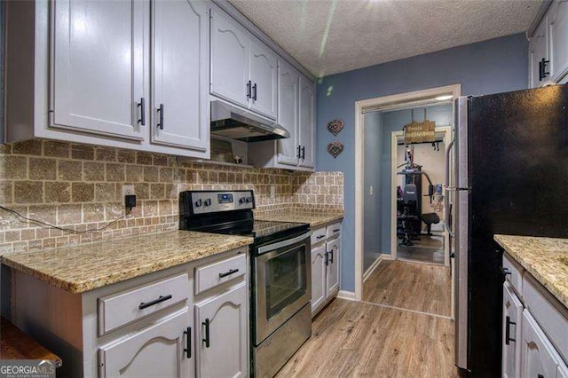 34 Sassafras Grv, Dawsonville, GA 30534 - kitchen with stainless steel appliances, under cabinet range hood, light wood-type flooring, tasteful backsplash, and light stone counters