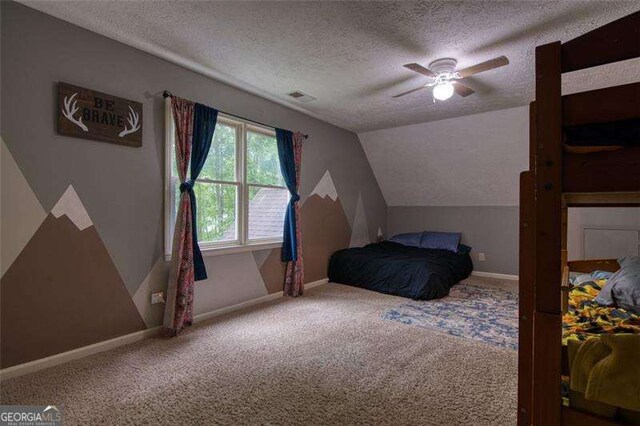 34 Sassafras Grv, Dawsonville, GA 30534 - bedroom with a textured ceiling, carpet, lofted ceiling, baseboards, and ceiling fan