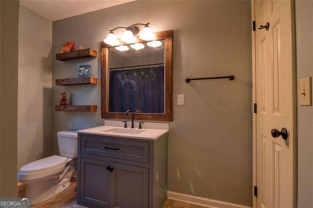 34 Sassafras Grv, Dawsonville, GA 30534 - full bathroom featuring toilet, vanity, baseboards, a textured ceiling, and curtained shower