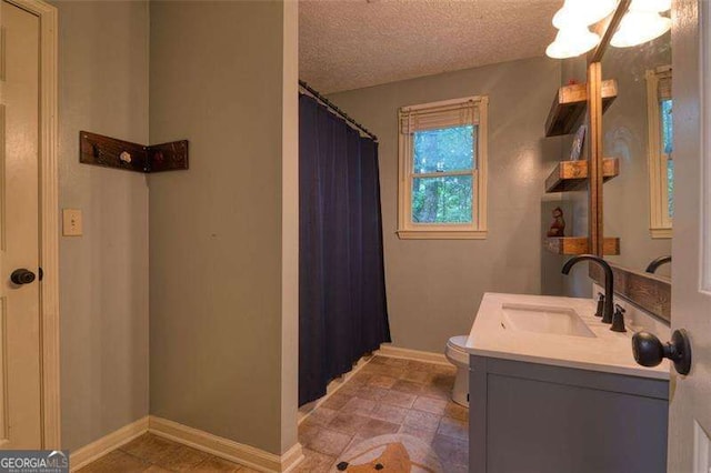 34 Sassafras Grv, Dawsonville, GA 30534 - full bath with vanity, toilet, baseboards, curtained shower, and a textured ceiling