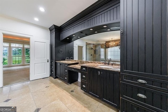 7 Hogan Ln NW, Rome, GA 30165 - full bath featuring a chandelier, a shower stall, vanity, crown molding, and plenty of natural light