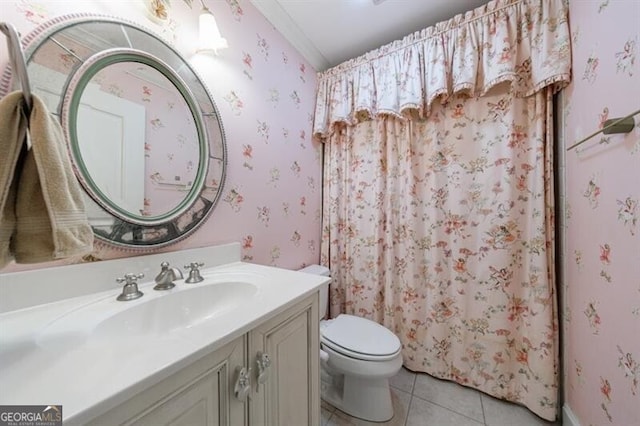7 Hogan Ln NW, Rome, GA 30165 - full bathroom with vanity, wallpapered walls, tile patterned flooring, and a shower with shower curtain