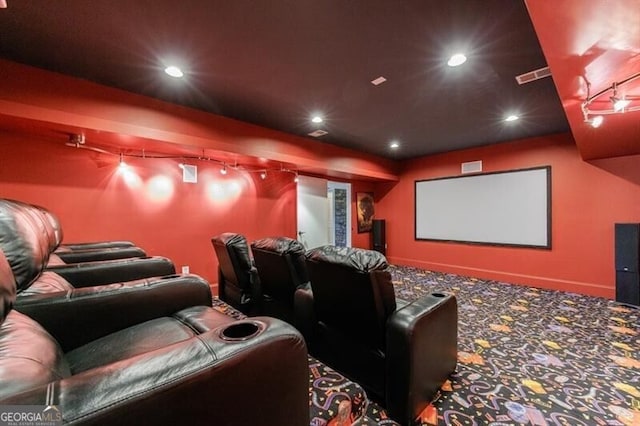 7 Hogan Ln NW, Rome, GA 30165 - home theater featuring track lighting, carpet flooring, and recessed lighting