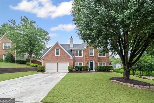 10735 Pinewalk Forest Cir, Alpharetta, GA 30022 - view of front of home featuring an attached garage, driveway, brick siding, a front yard, and a chimney