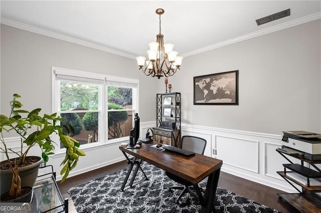 10735 Pinewalk Forest Cir, Alpharetta, GA 30022 - office with dark wood-type flooring, ornamental molding, a chandelier, and a wainscoted wall