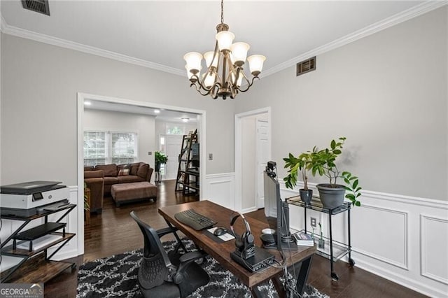 10735 Pinewalk Forest Cir, Alpharetta, GA 30022 - office area featuring ornamental molding, wood finished floors, a chandelier, a wainscoted wall, and a decorative wall