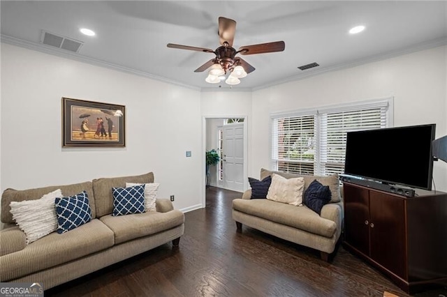10735 Pinewalk Forest Cir, Alpharetta, GA 30022 - living room with crown molding, a ceiling fan, wood finished floors, recessed lighting, and baseboards