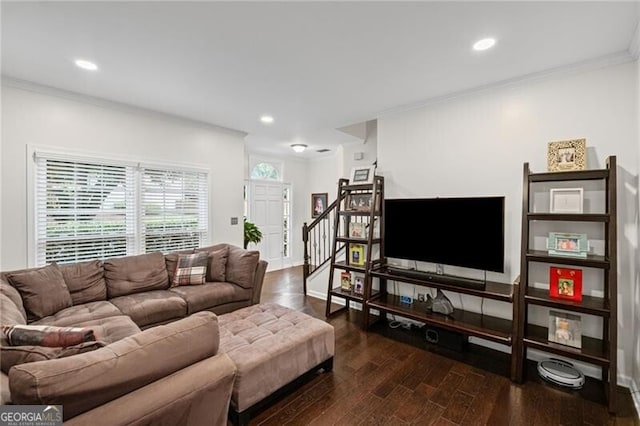 10735 Pinewalk Forest Cir, Alpharetta, GA 30022 - living area featuring ornamental molding, dark wood finished floors, stairs, recessed lighting, and baseboards