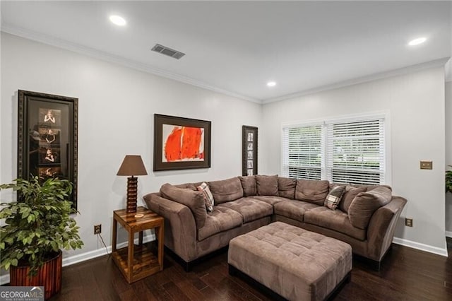 10735 Pinewalk Forest Cir, Alpharetta, GA 30022 - living room featuring baseboards, crown molding, dark wood finished floors, and recessed lighting