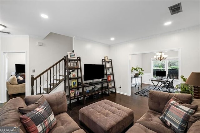 10735 Pinewalk Forest Cir, Alpharetta, GA 30022 - living room with a chandelier, dark wood finished floors, ornamental molding, stairway, and recessed lighting